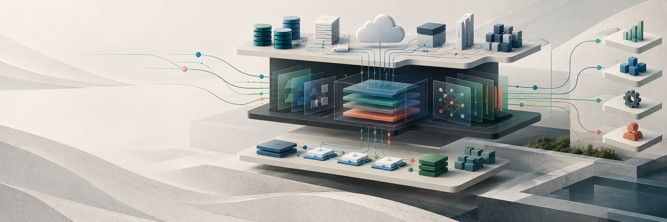 Abstract enterprise architecture connecting platforms, knowledge, and operating systems